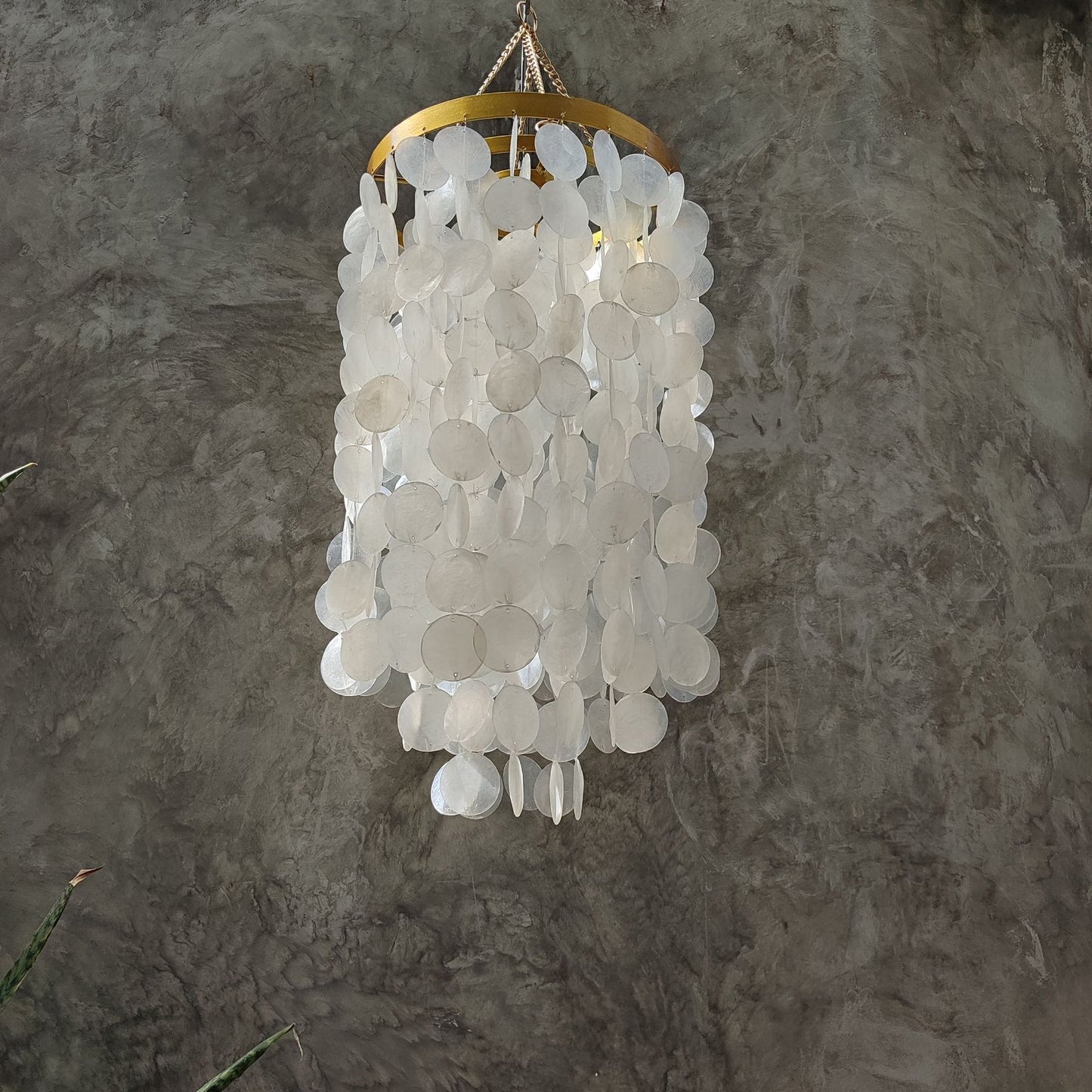 Gold metal frame capiz chandelier, shell lamp shade