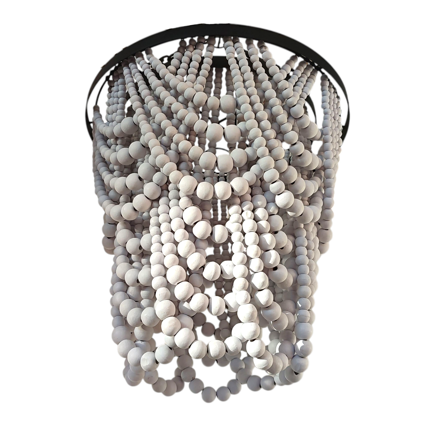 White Wood bead chandelier, handmade wood chandelier, beaded lampshade, boho chandelier for costal decor