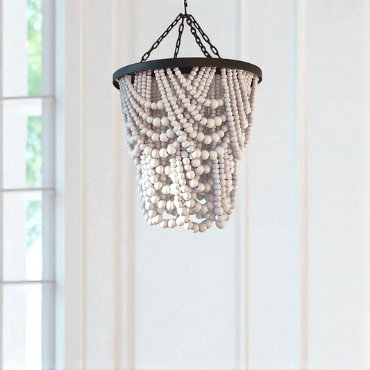 White Wood bead chandelier, handmade wood chandelier, beaded lampshade, boho chandelier for costal decor