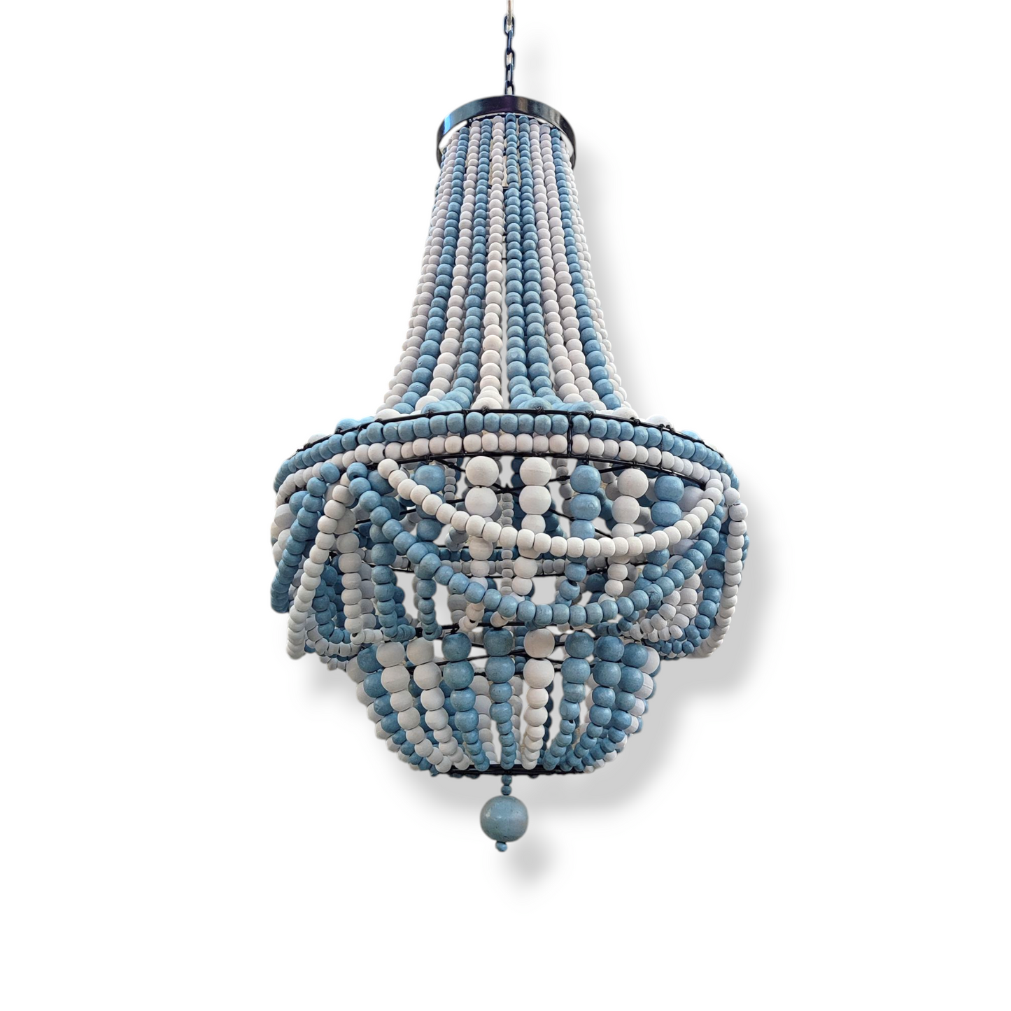 Blue Bead Chandelier, Handmade wood Chandelier, Beaded lampshade