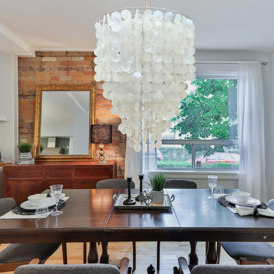 Capiz Chandelier Natural White, Lamp Shade for Dining Room & Living Room, Size 60cm x 75cm