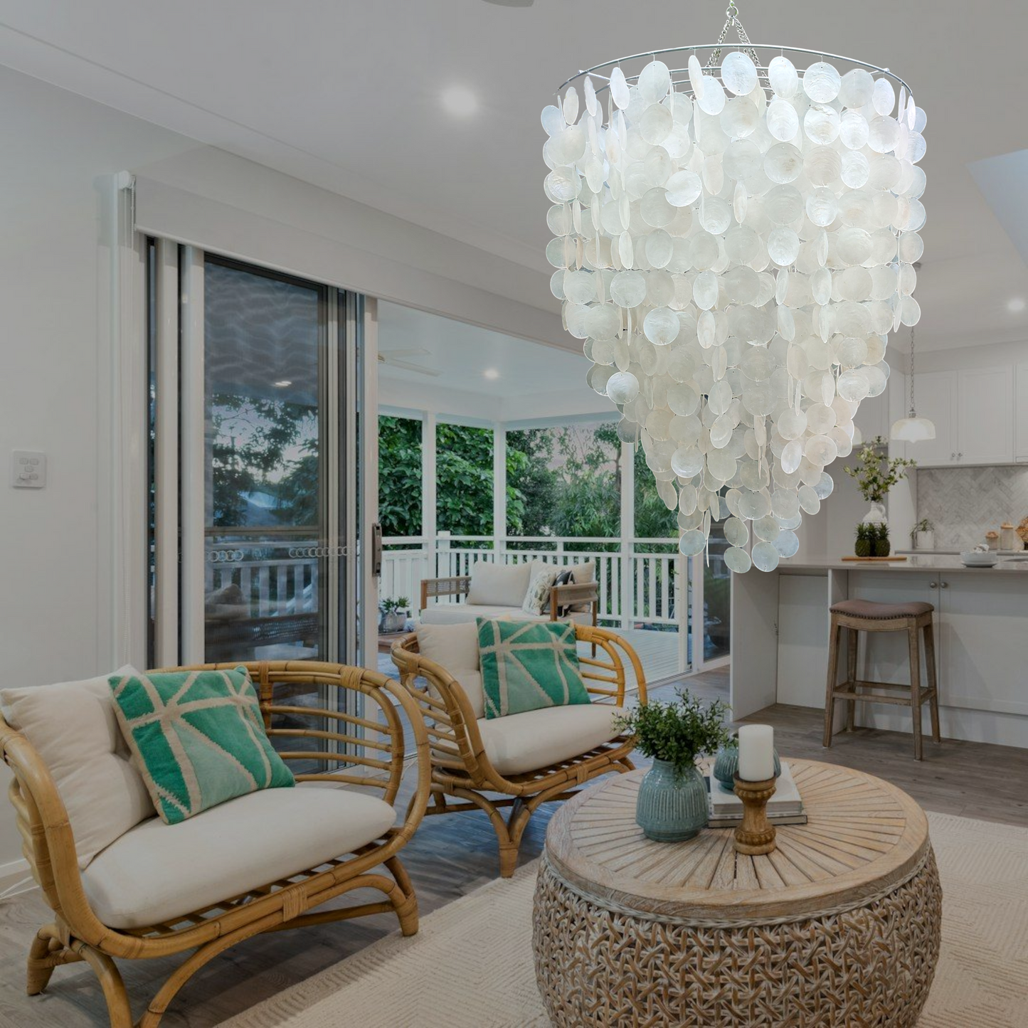 Capiz Chandelier Natural White, Lamp Shade for Dining Room & Living Room, Size 60cm x 75cm