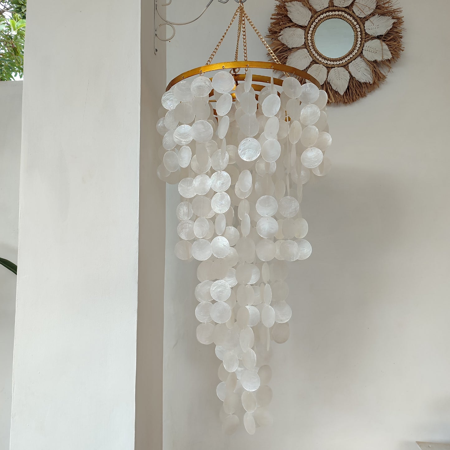 White Capiz Shell Chandelier with Gold Metal Frame