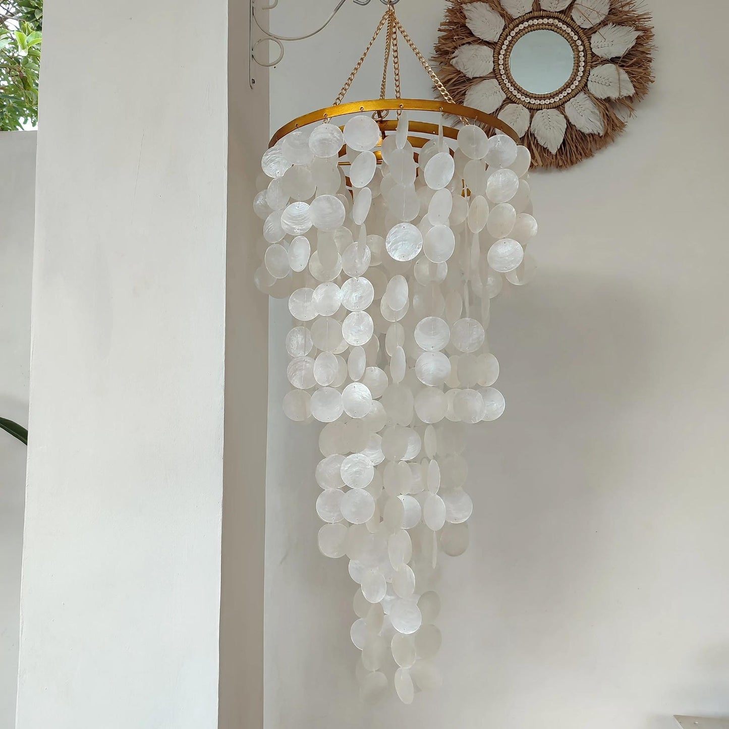MADE TO ORDER: 8 PCs White Capiz Shell Chandelier with Gold Metal Frame