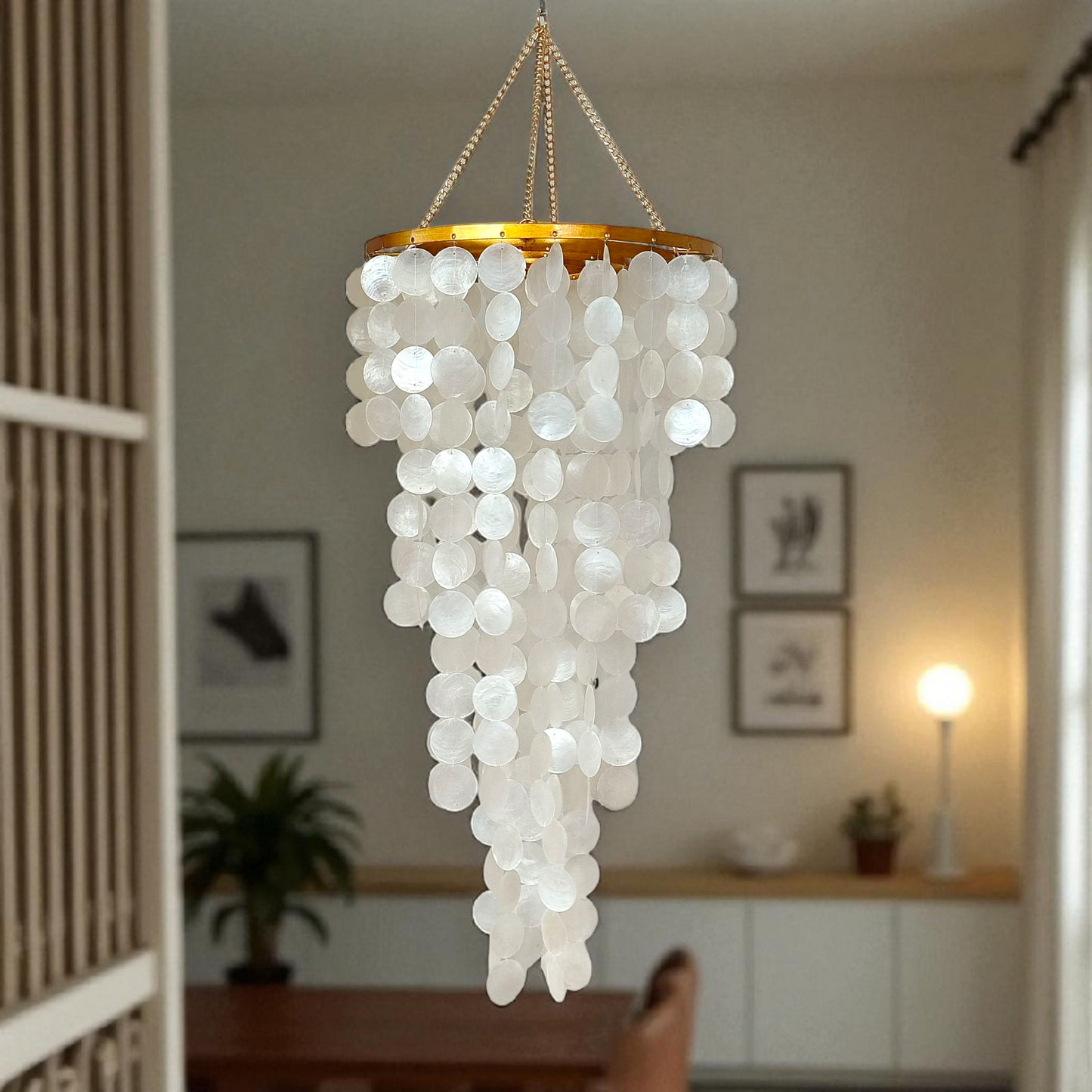 MADE TO ORDER: 8 PCs White Capiz Shell Chandelier with Gold Metal Frame