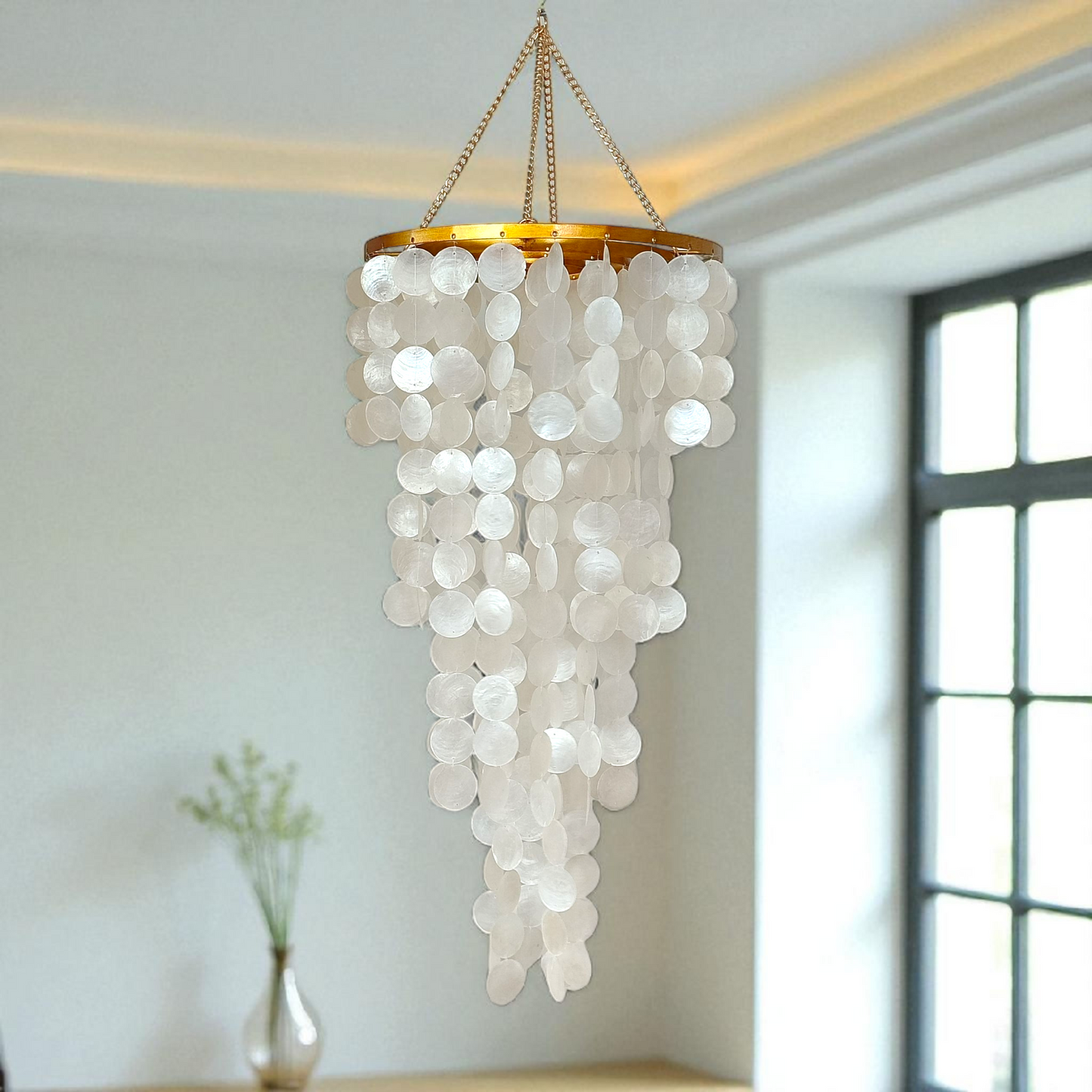 White Capiz Shell Chandelier with Gold Metal Frame