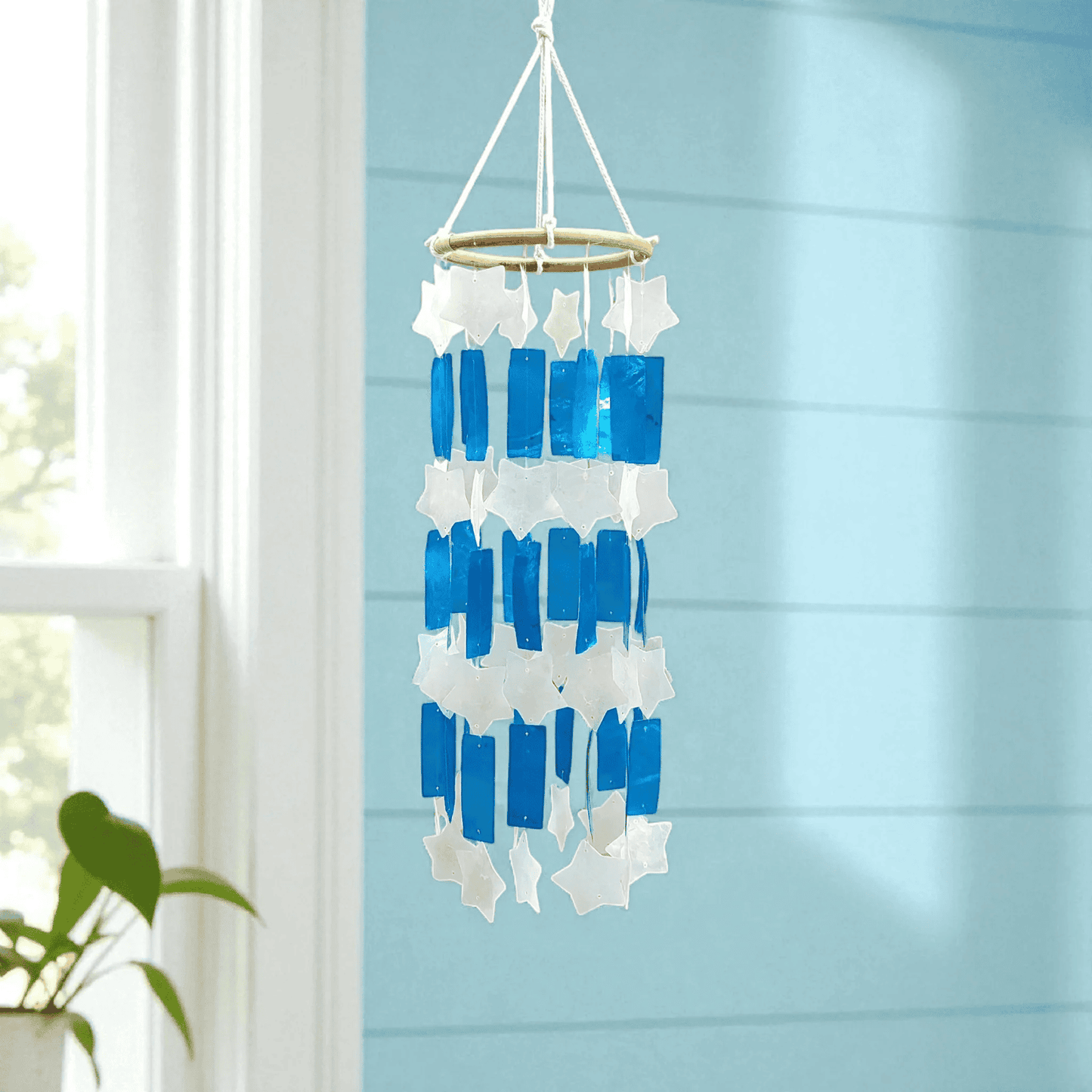 2 PCs Capiz Shell Wind Chime White and Blue – Handmade Coastal Decor