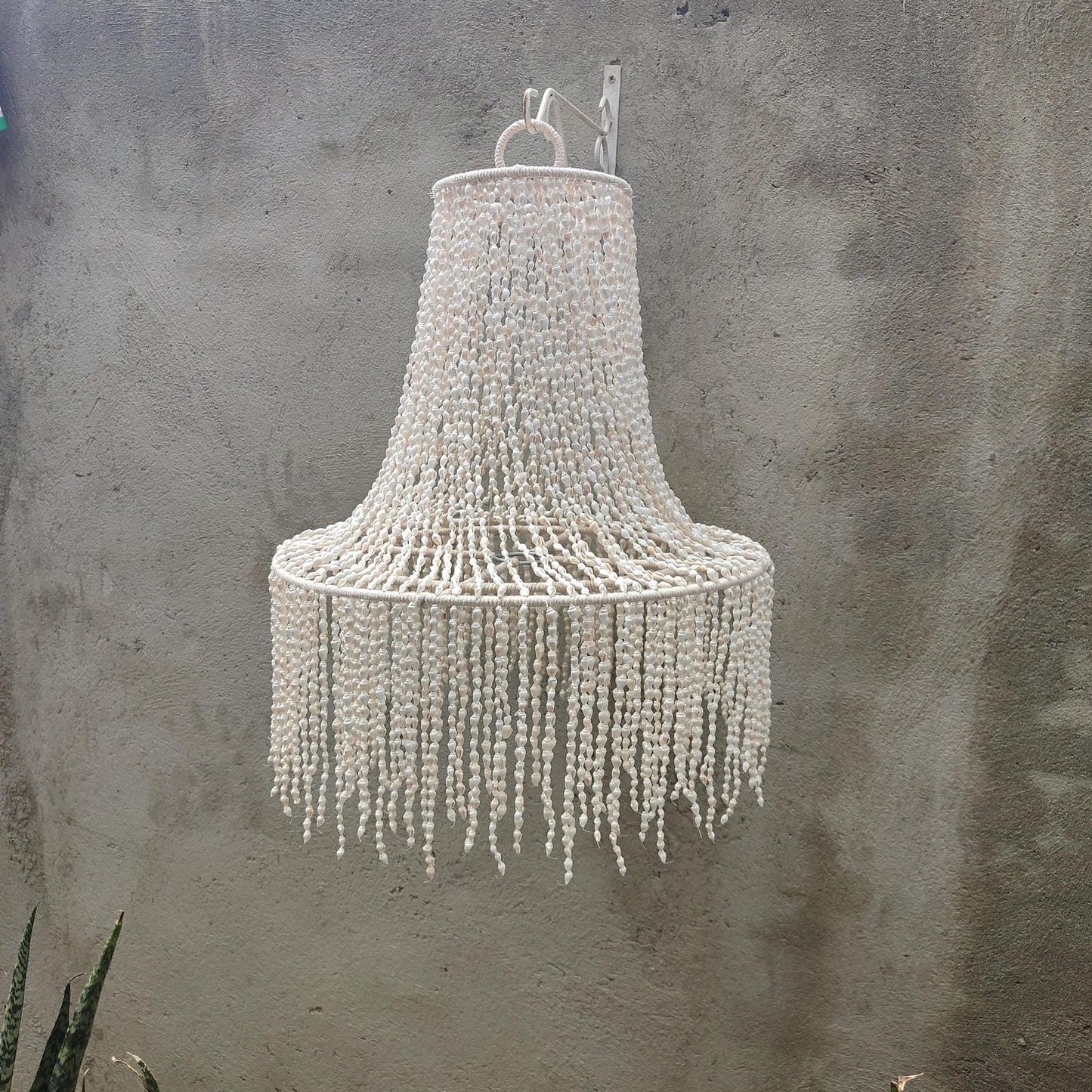 Seashell chandelier hanging against a textured wall