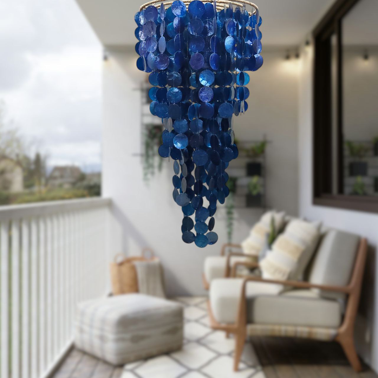 Navy Blue Capiz Shell Wind Chime Chandelier