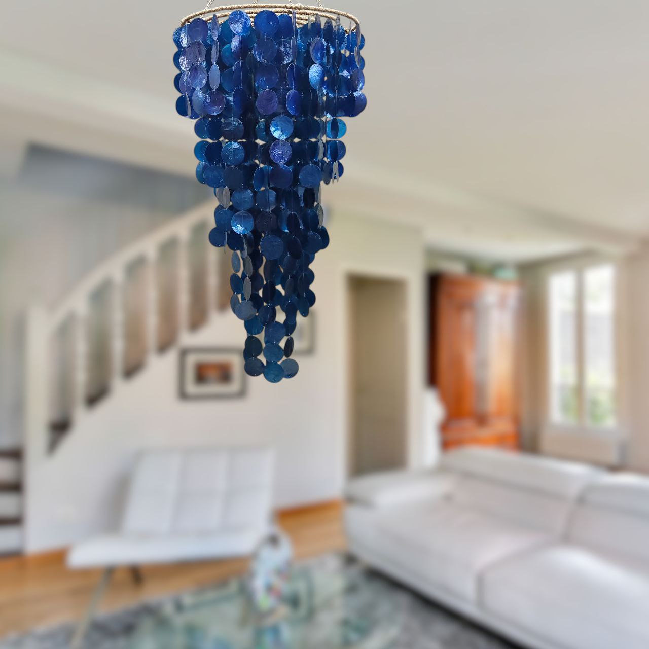 Navy Blue Capiz Shell Wind Chime Chandelier