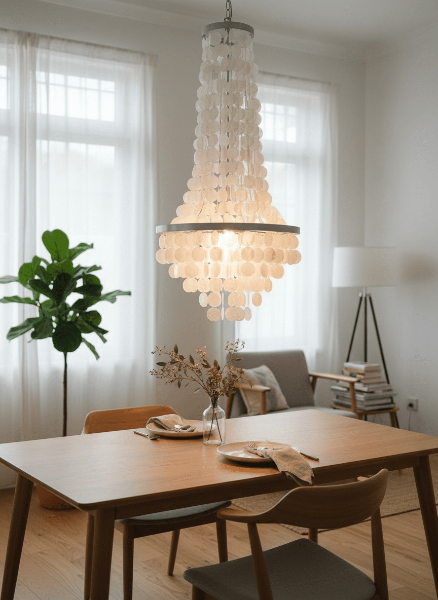Large White Capiz shell Chandelier, Handmade Coastal Lighting