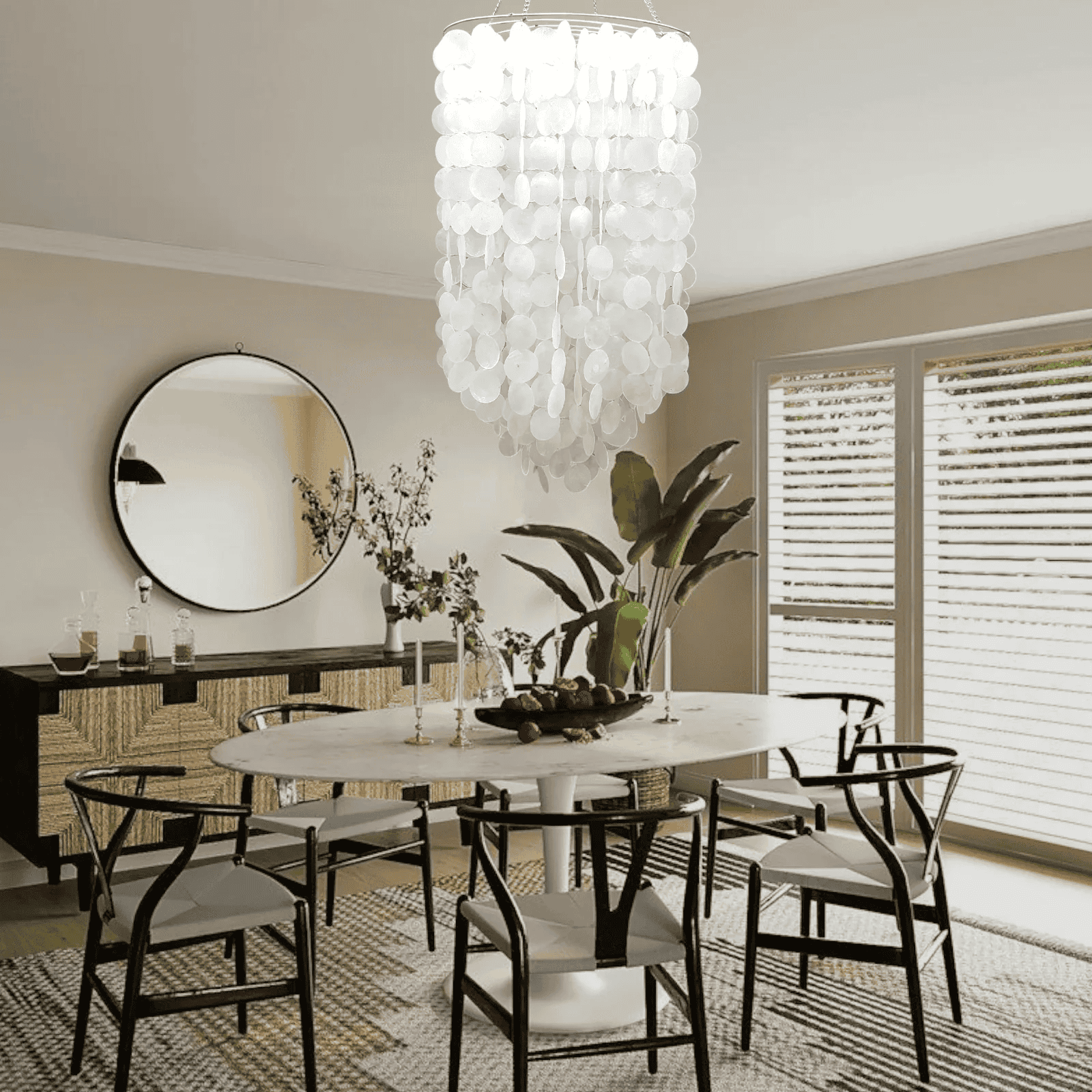 Dining room with a modern capiz shell chandelier, round mirror, and table setting.