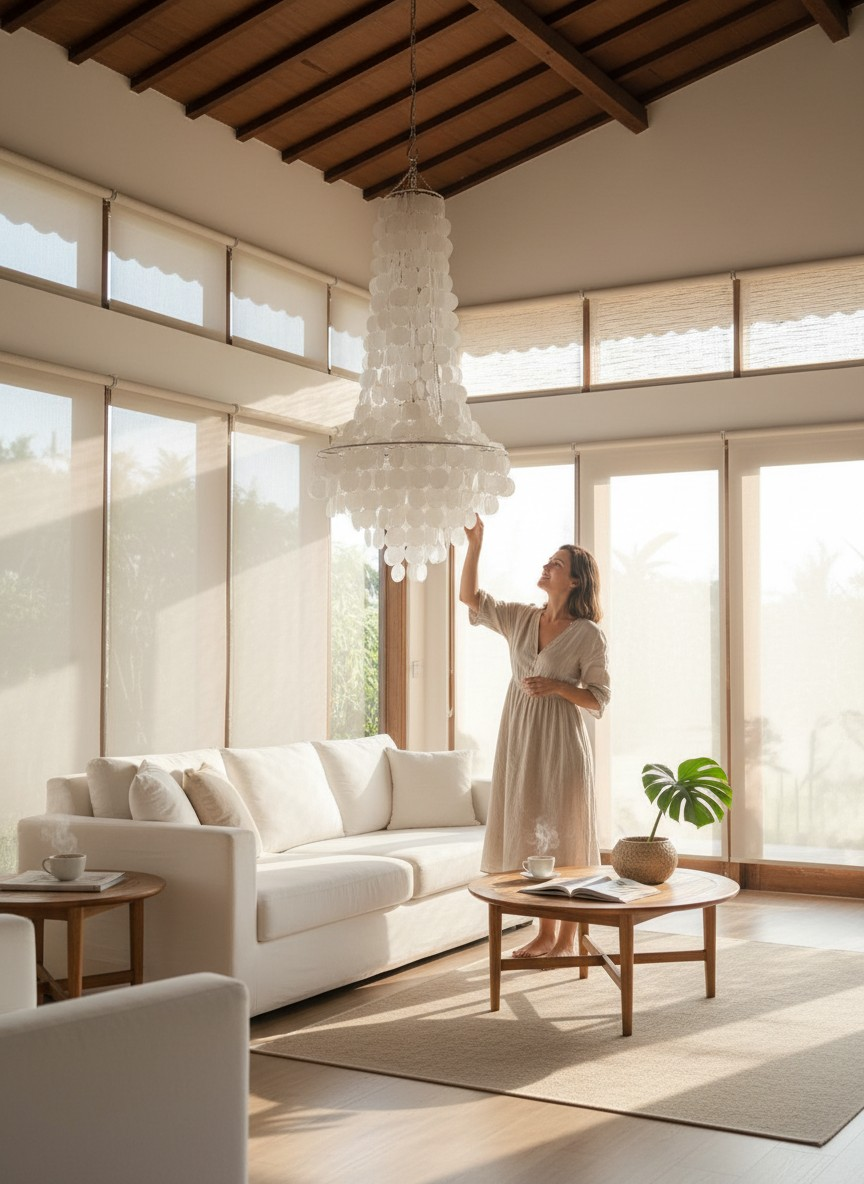 Woman in a light dress standing in a modern living room with large windows and a chandelier.