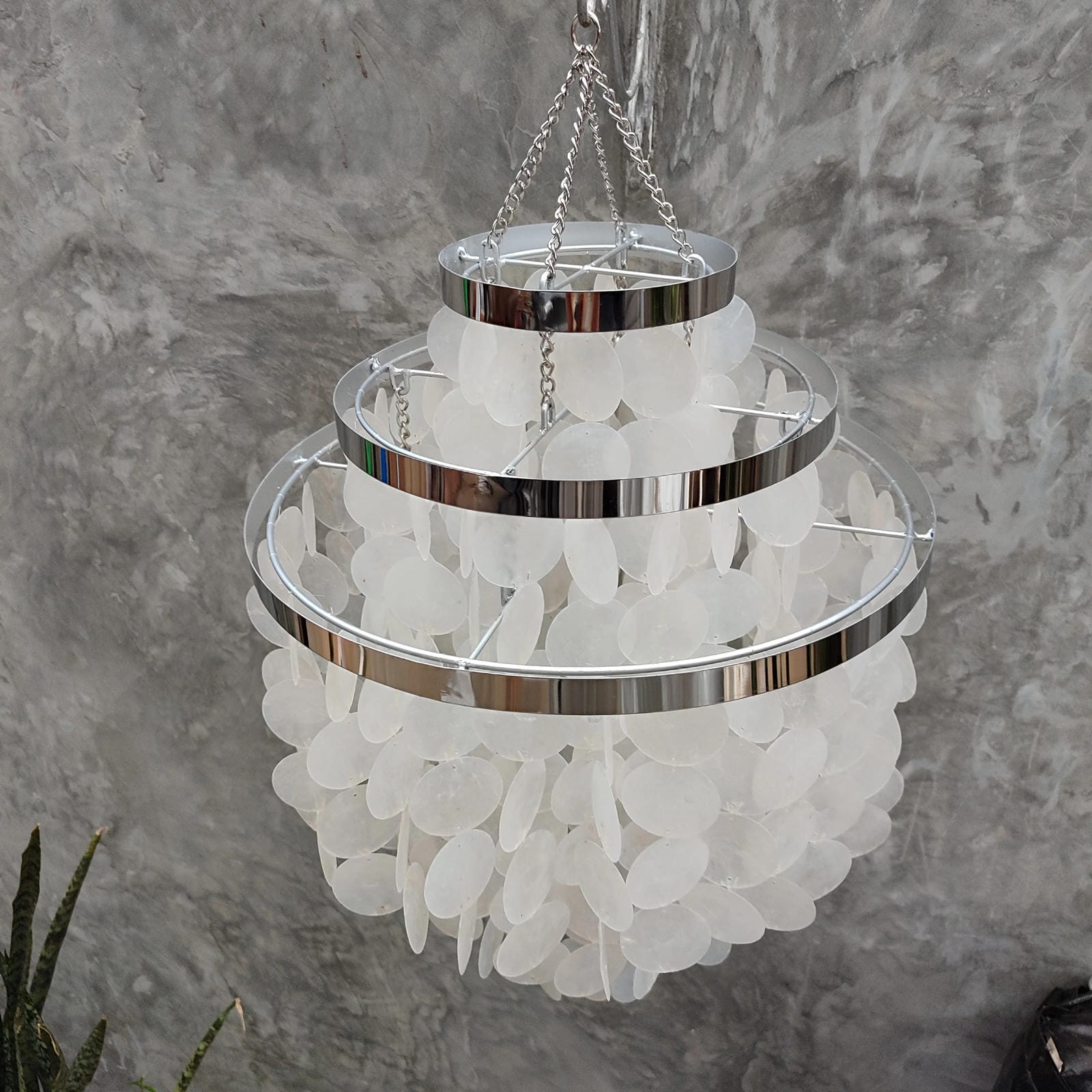 Chandelier with white round capiz shell and silver metal accents against a gray textured wall.