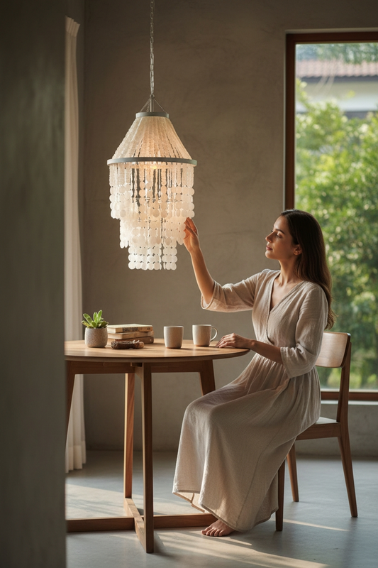 Woman adjusting a capiz shell chandelier in a room with a table and window
