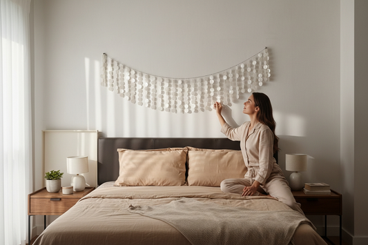 Woman touching capiz shell wall hanging on a bed in a bedroom