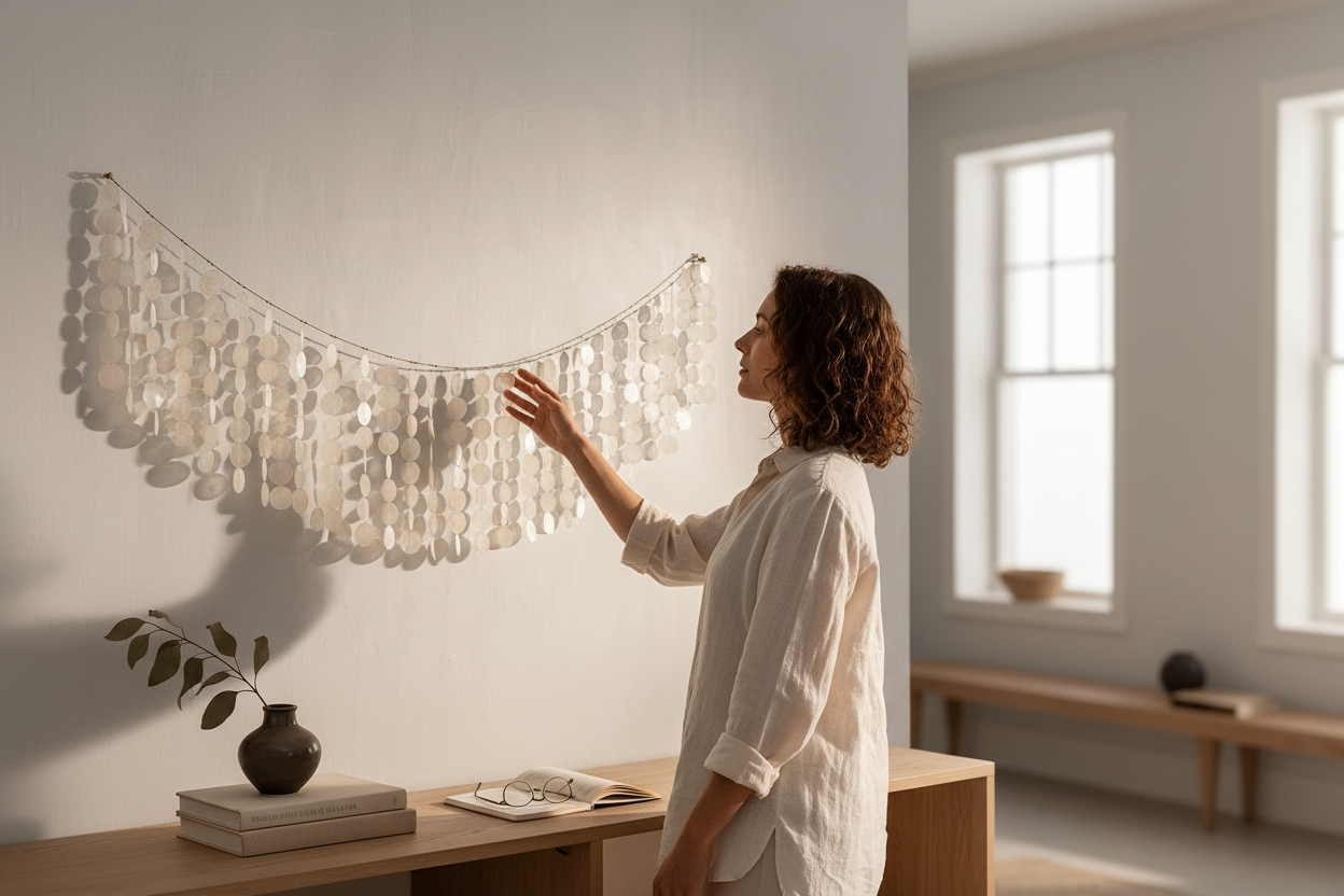 Woman adjusting capiz shell wall hanging in a bright room.
