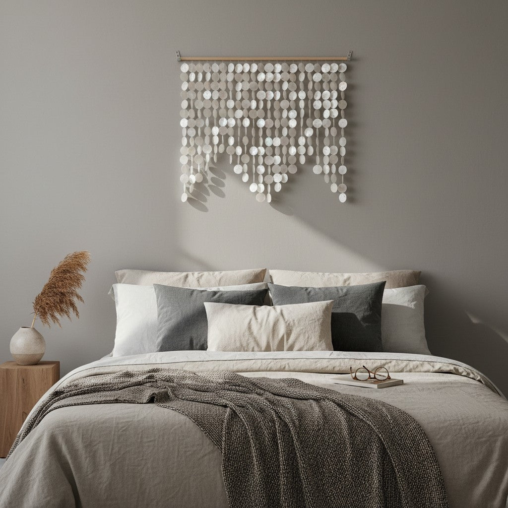 Handmade natural white Capiz shell wall hanging displayed above a neutral-toned bed. The cascading shell strands create a coastal boho statement piece with elegant texture, soft light reflections, and modern organic style