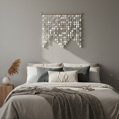 Handmade natural white Capiz shell wall hanging displayed above a neutral-toned bed. The cascading shell strands create a coastal boho statement piece with elegant texture, soft light reflections, and modern organic style