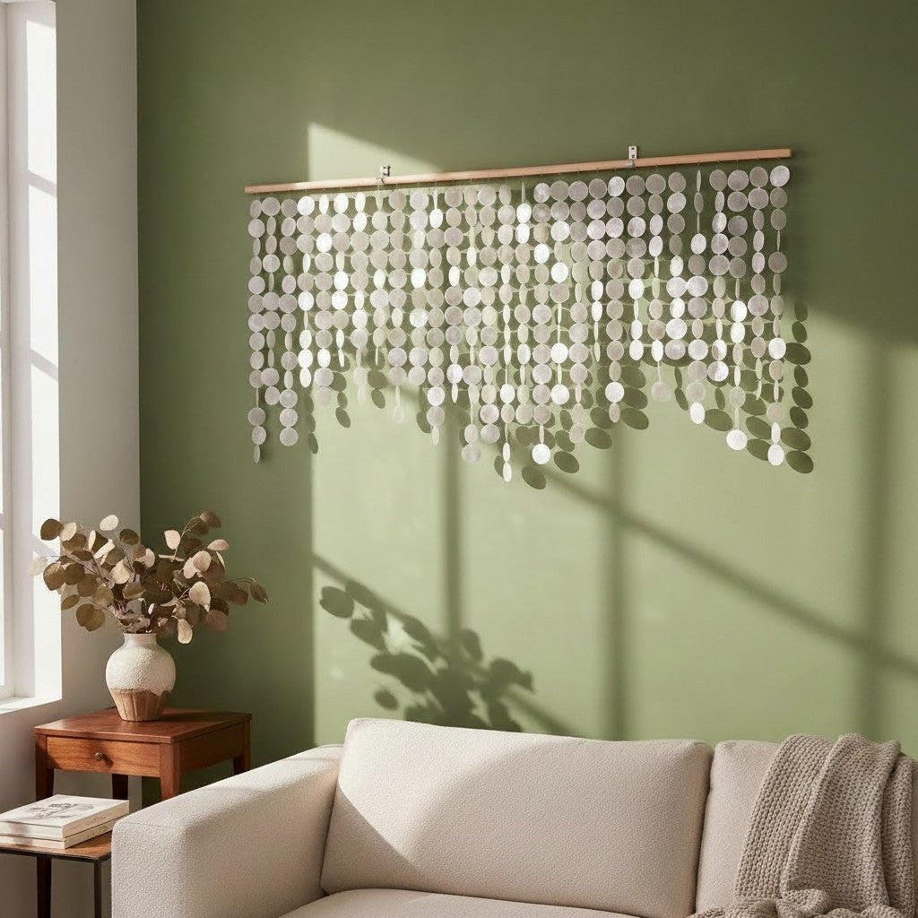 Decorative wall hanging with circular elements on a green wall above a beige sofa.