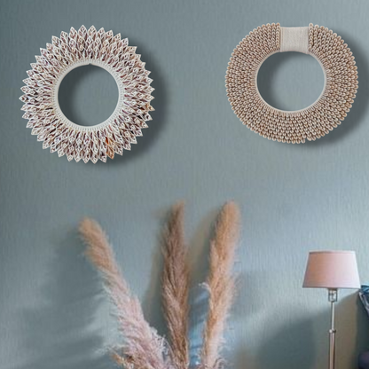 Set of 2 Sea Shell wall Decor, Papua Necklace: Coastal Bohemian Wall Art