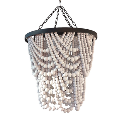 White Wood bead chandelier, handmade wood chandelier, beaded lampshade, boho chandelier for costal decor