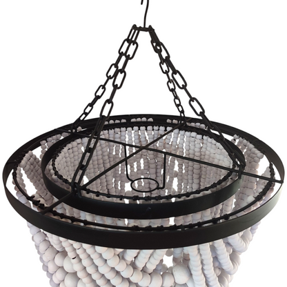 White Wood bead chandelier, handmade wood chandelier, beaded lampshade, boho chandelier for costal decor
