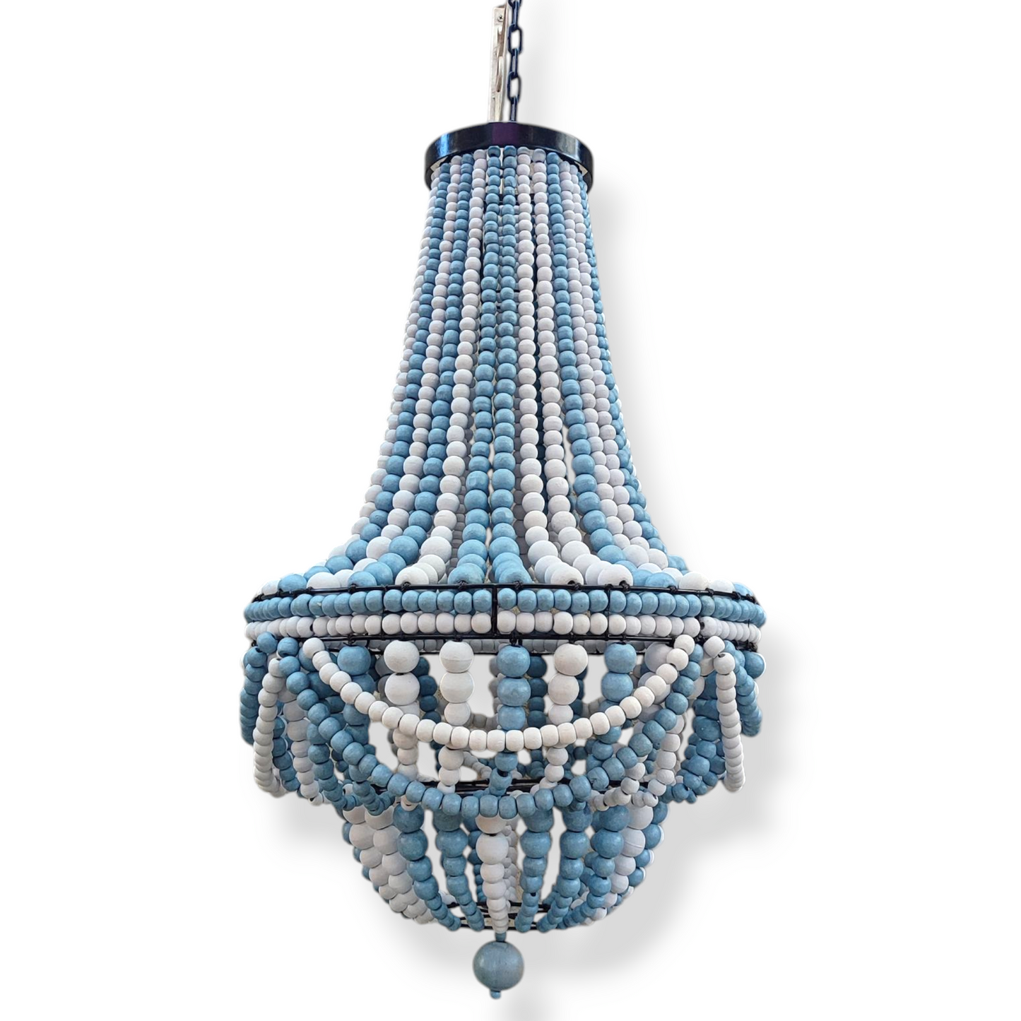 Blue Bead Chandelier, Handmade wood Chandelier, Beaded lampshade