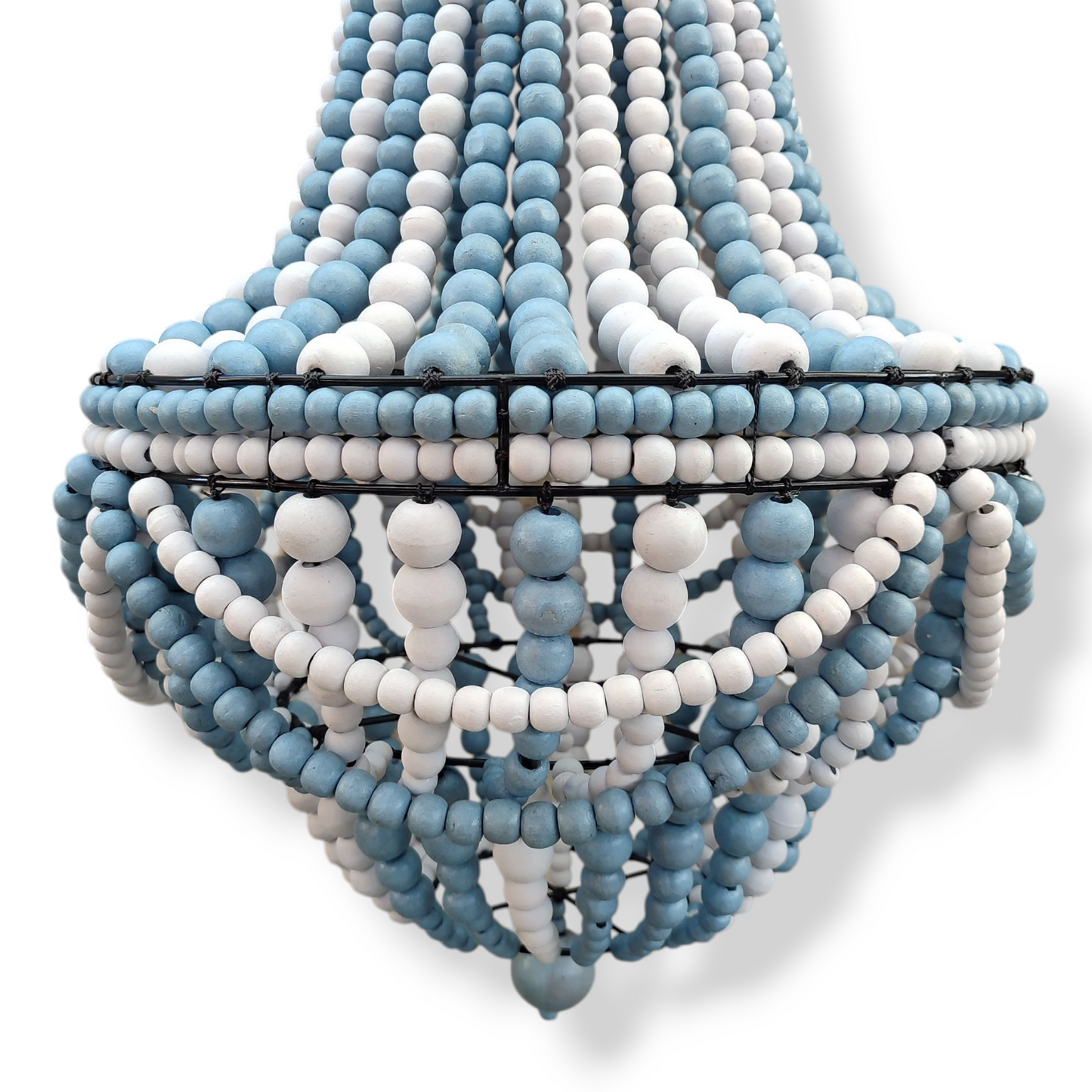 Blue Bead Chandelier, Handmade wood Chandelier, Beaded lampshade