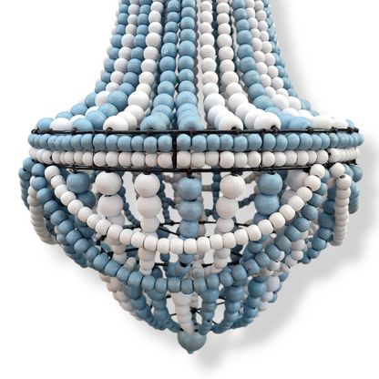 Blue Bead Chandelier, Handmade wood Chandelier, Beaded lampshade