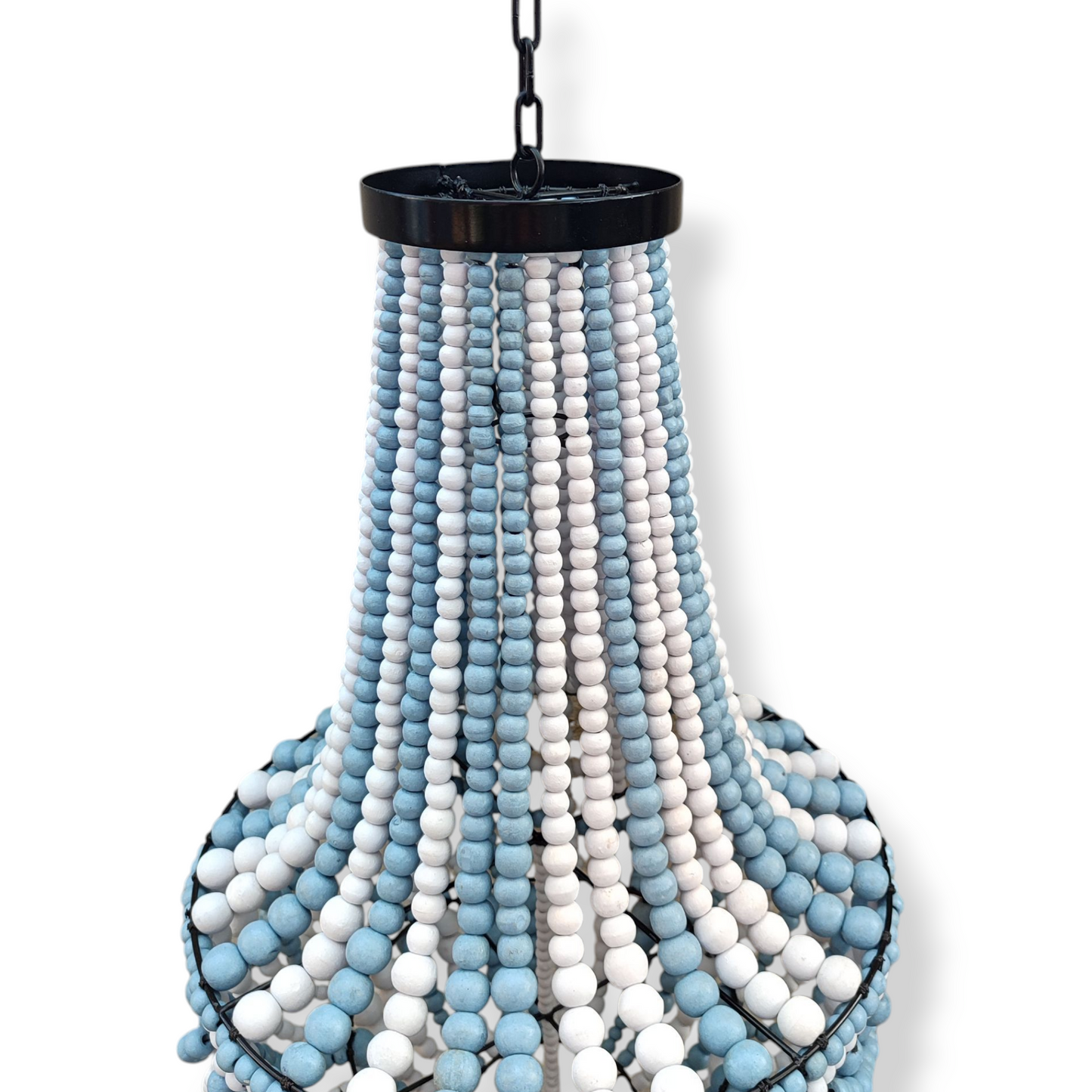 Blue Bead Chandelier, Handmade wood Chandelier, Beaded lampshade
