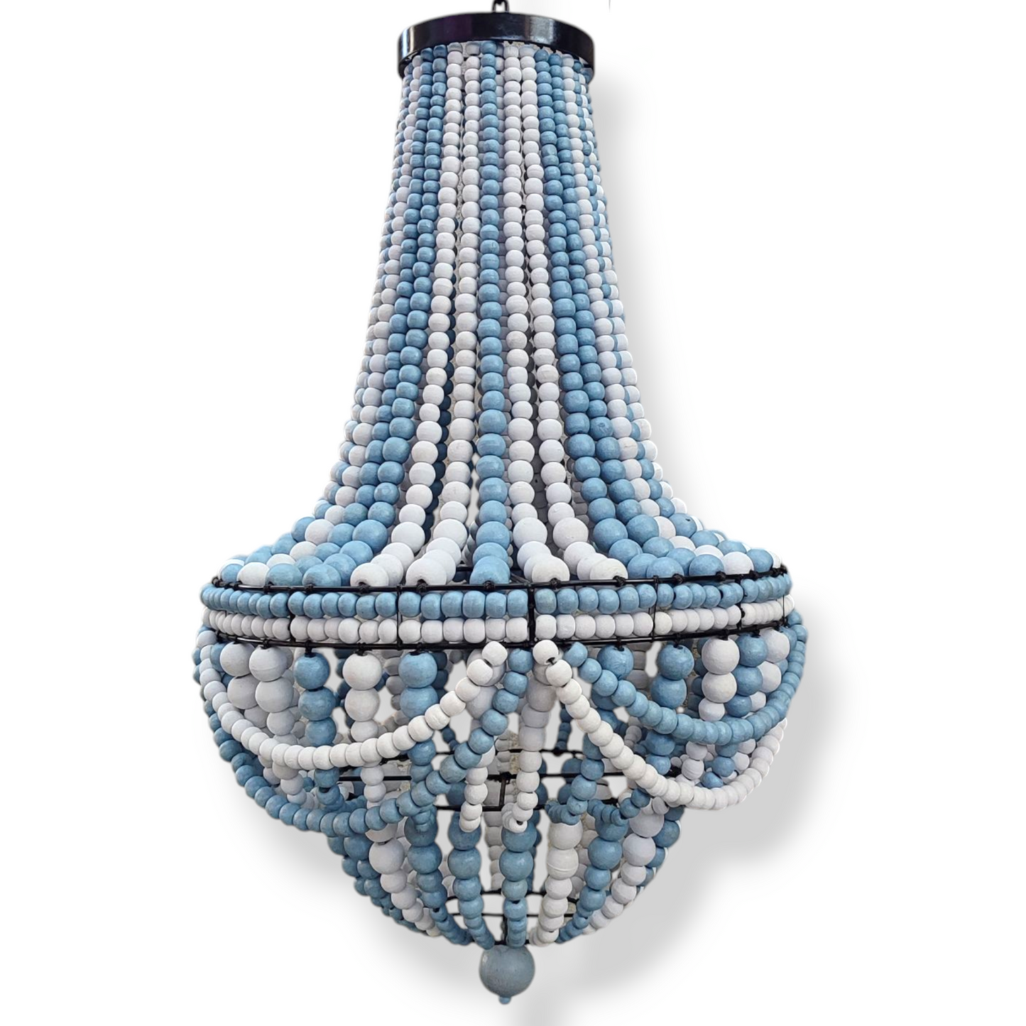 Blue Bead Chandelier, Handmade wood Chandelier, Beaded lampshade