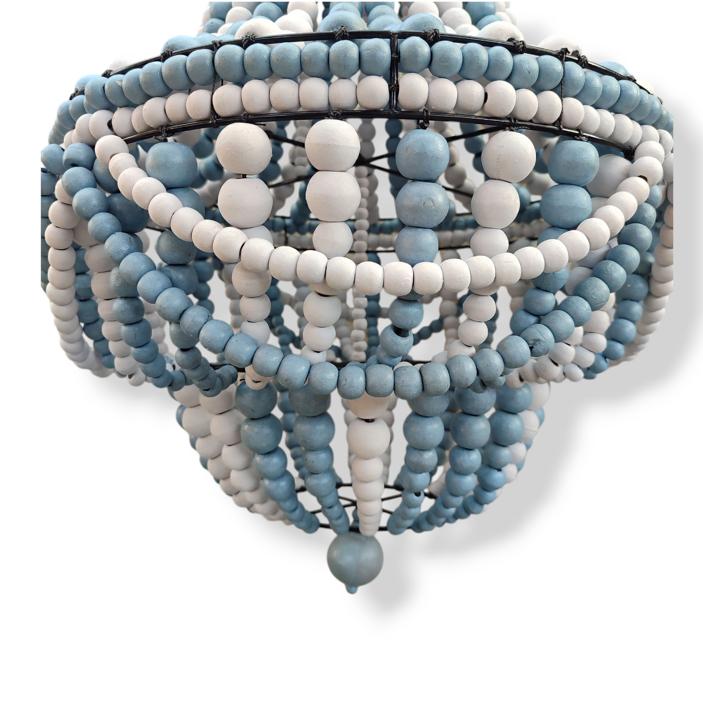 Blue Bead Chandelier, Handmade wood Chandelier, Beaded lampshade