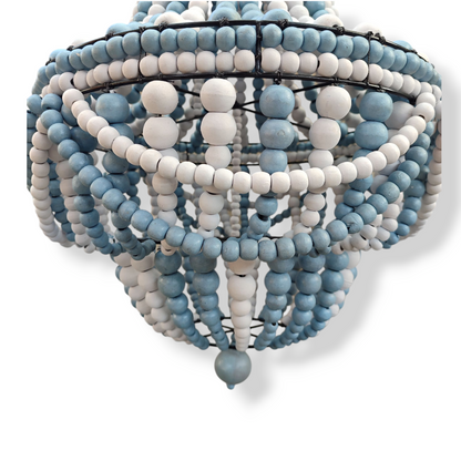Blue Bead Chandelier, Handmade wood Chandelier, Beaded lampshade