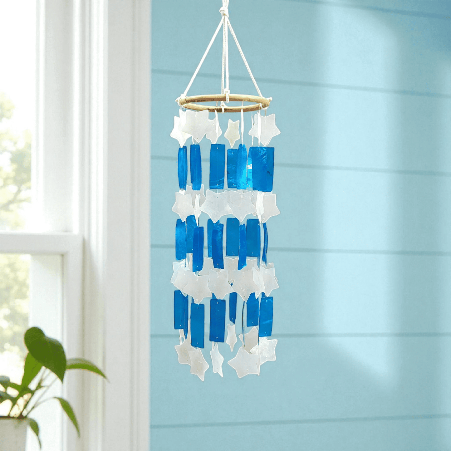 2 PCs Capiz Shell Wind Chime White and Blue – Handmade Coastal Decor