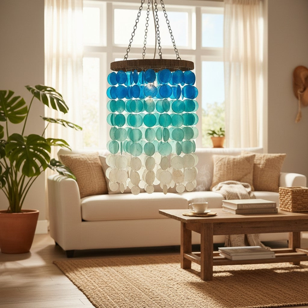 Living room with a modern chandelier, sofa, coffee table, and decorative items.