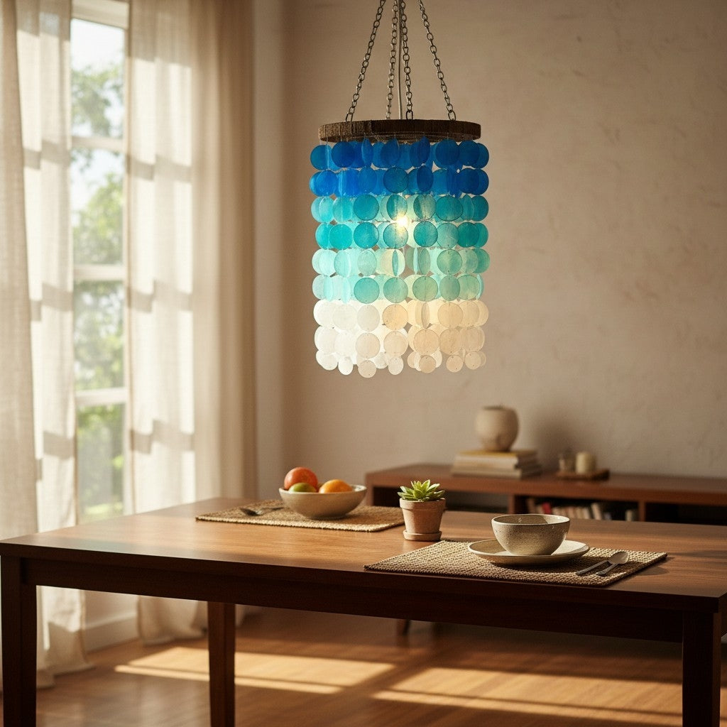 Colorful pendant light hanging above a wooden dining table with a bowl of fruit and a plant.