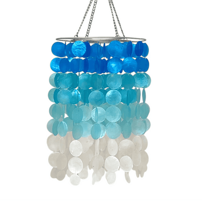 Decorative hanging chandelier with blue and white shell on a white background