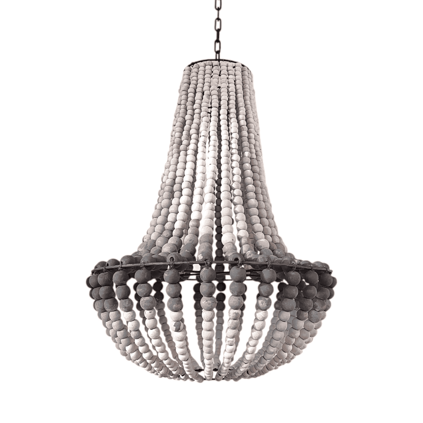 Wooden beaded chandelier with gray on a white background