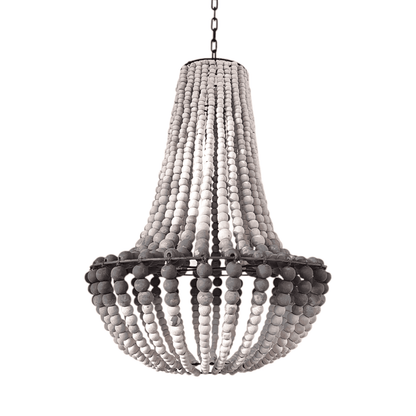 Wooden beaded chandelier with gray on a white background