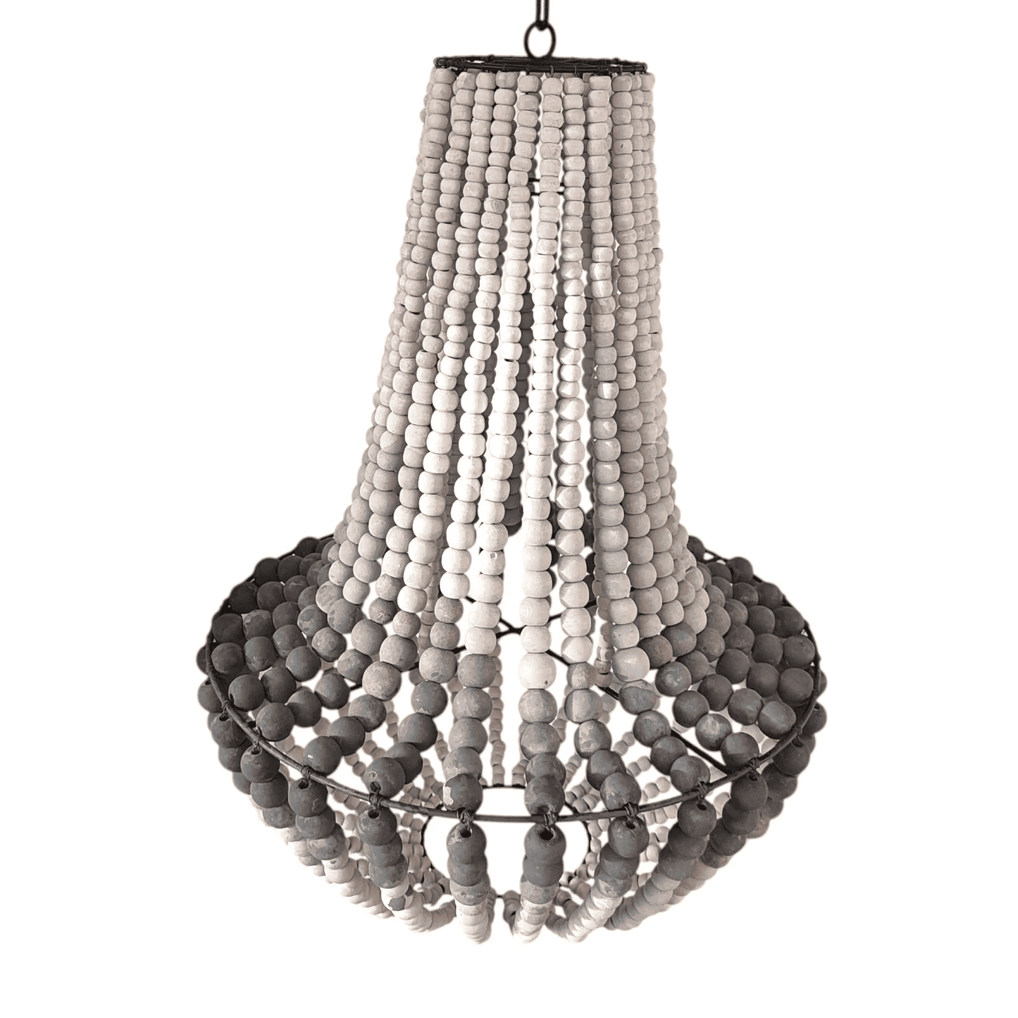 Decorative chandelier with wooden beads on a white background