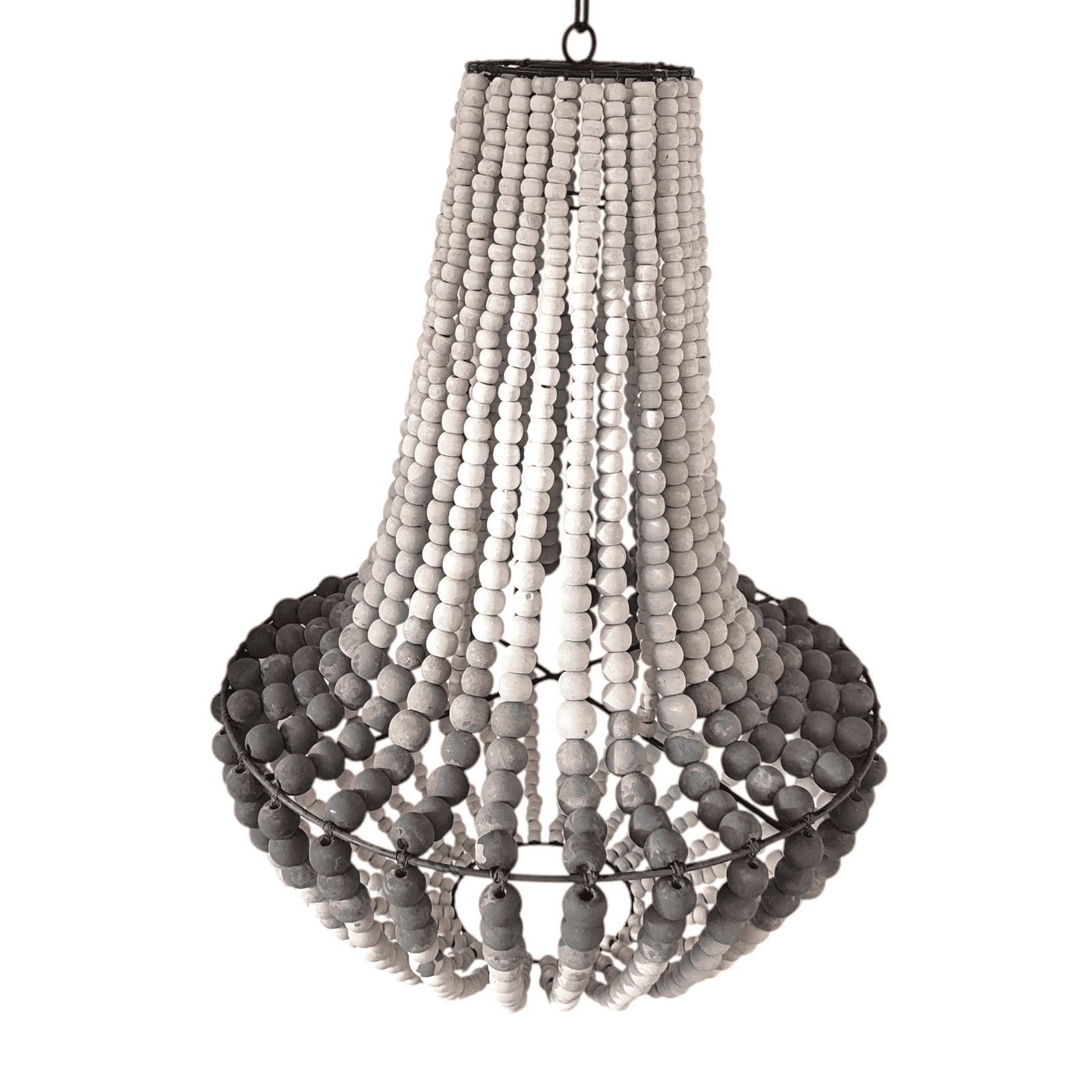 Decorative chandelier with wooden beads on a white background