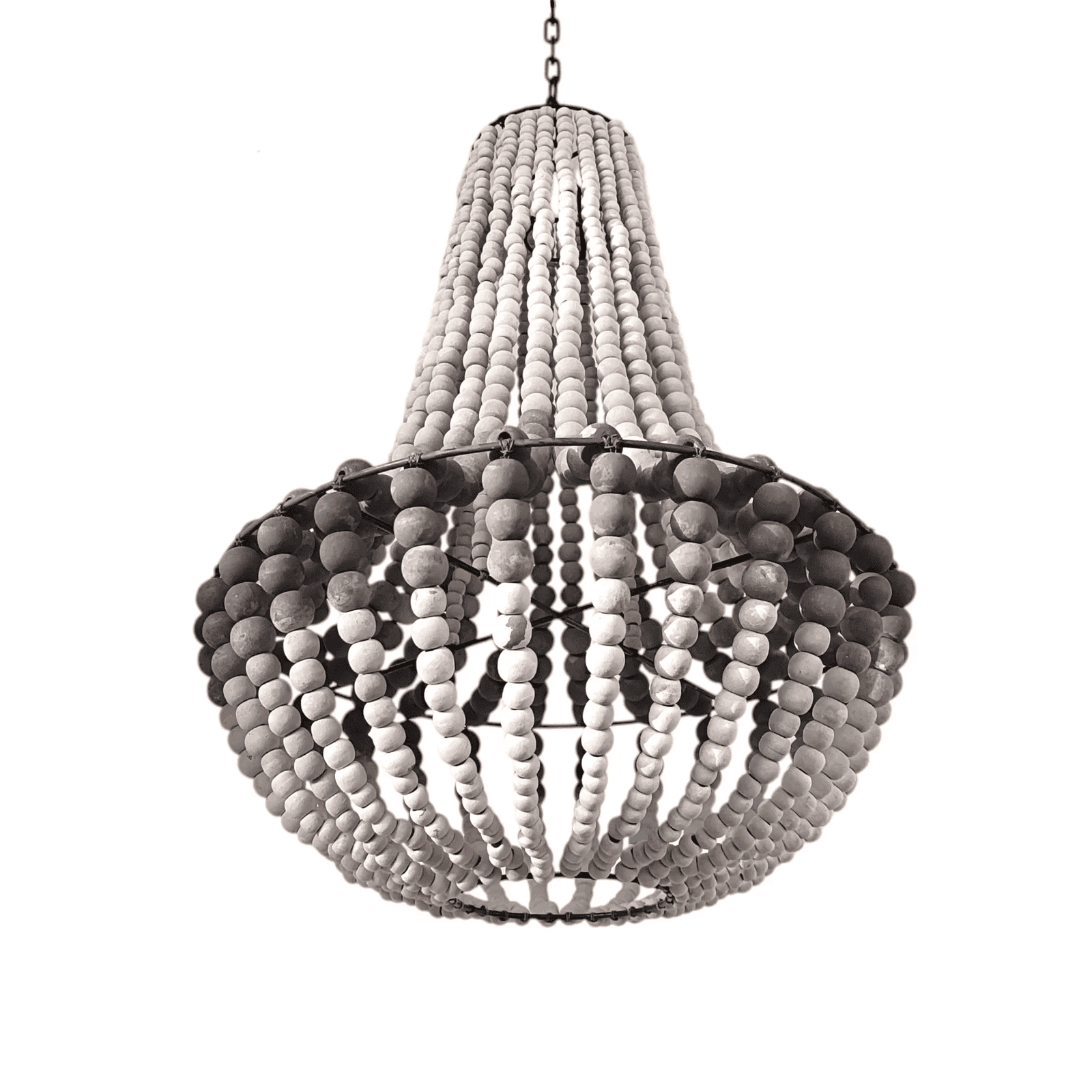 Decorative chandelier with wooden beads in gray and white on a white background