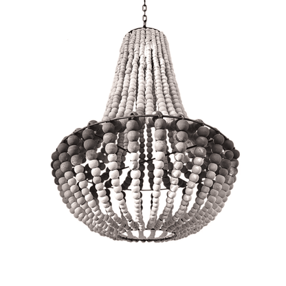 Decorative chandelier with wooden beads in gray and white on a white background
