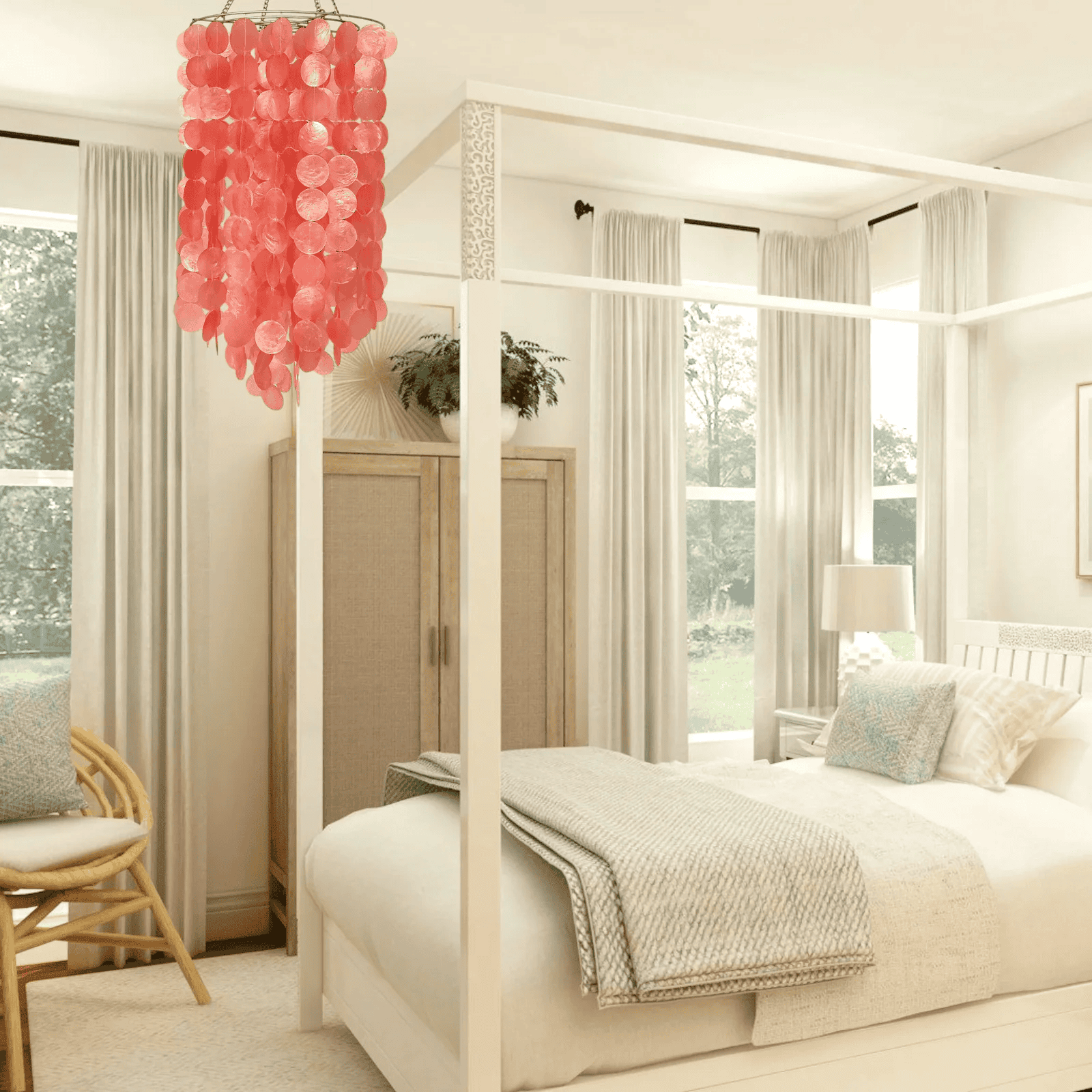 Neatly decorated bedroom with a pink capiz shell chandelier, bed, and chair.