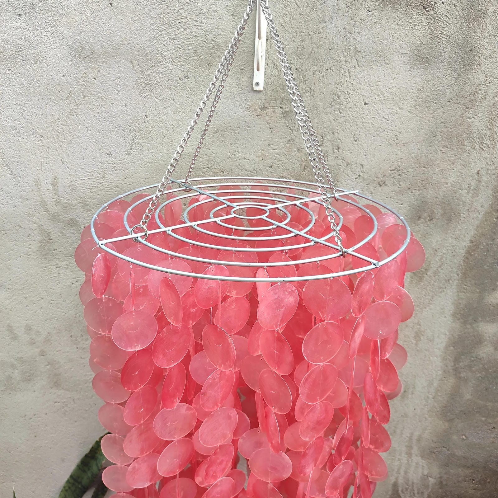 Pink hanging capiz shell chandelier with a metal chain against a beige wall