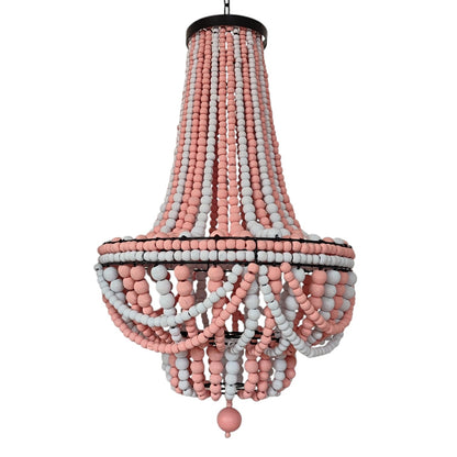 Pink and white beaded chandelier on a white background
