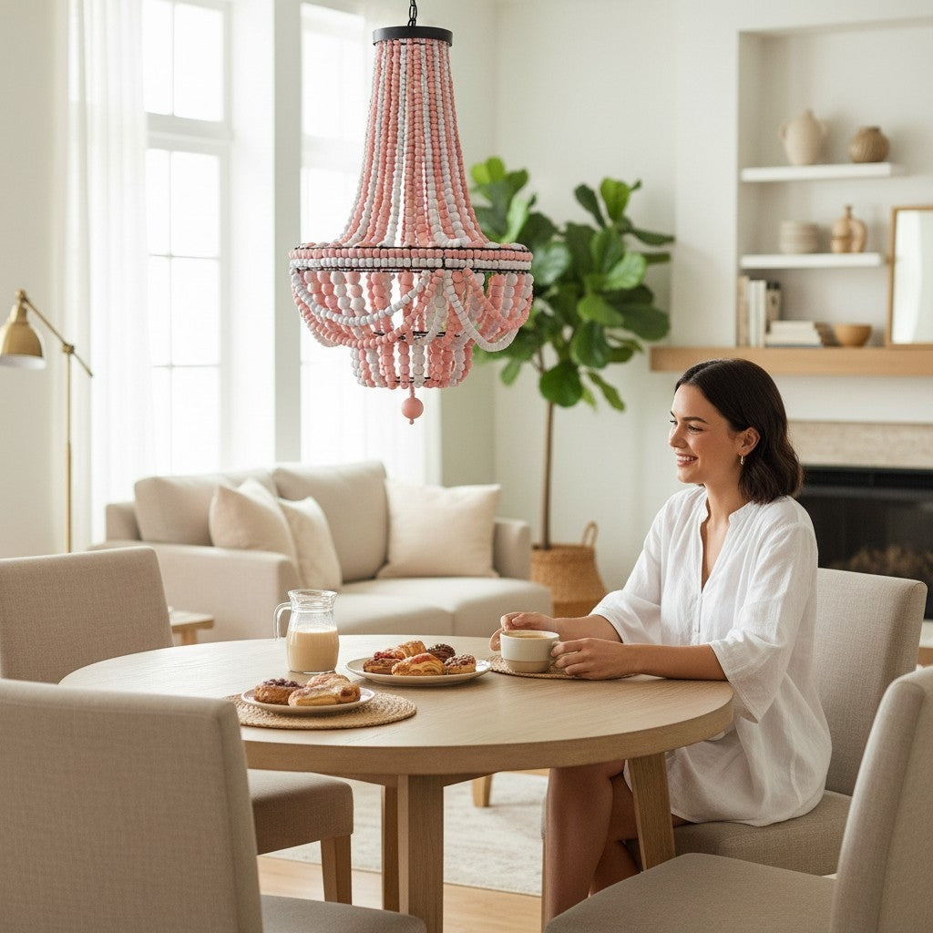 Woman sitting at a dining table with a pink beaded chandelier above.