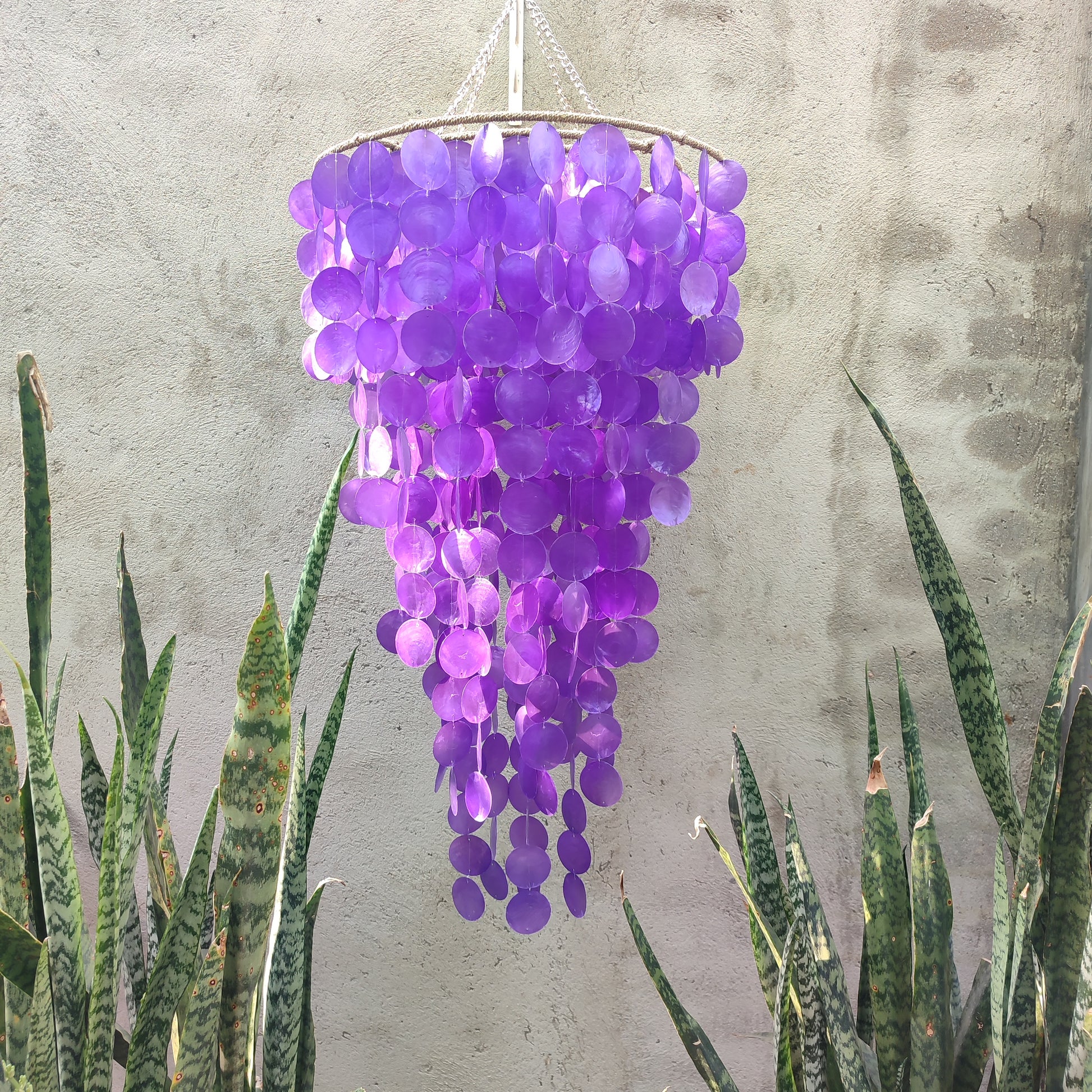 Purple shell chandelier hanging against a textured wall with plants at the bottom.