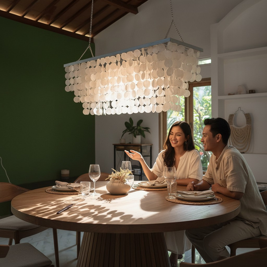 Two people sitting at a dining table with a capiz shellchandelier above.